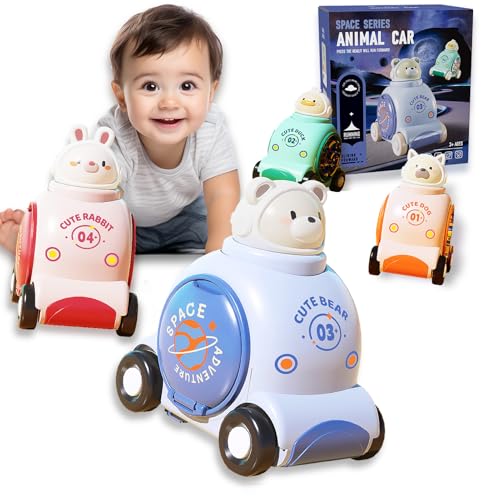 SIMPLEFINE 4-Pack Animal Racing Car Toys for Toddlers 1-3, Press & Go Friction Cars for Baby Boys 6-18 Months, First Birthday Gift for 1-2 Year Old Boys