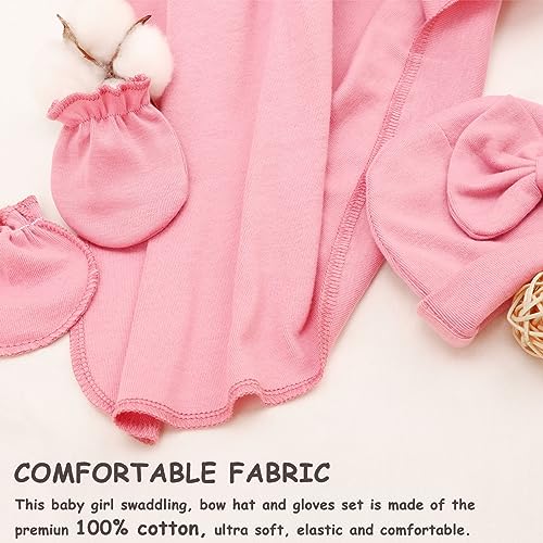 Image of AQOKKA Newborn Receiving Blanket with Bow Hat Mittens Wooden Card Set Newborns Toddler Baby Boy Girl Nursery Swaddle Wrap