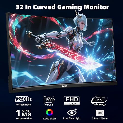 Image of Suncy 32 Inch Curved 1k 240Hz Gaming Monitor High Refresh Rate, FHD 1080P Gaming PC Monitor HDMI DP1.4, Curved 1500R, HDR,Metal Stand,VESA Compatible.
