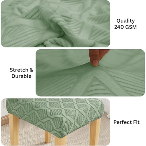 Image of Lukzer Elastic Dining Chair Cover - 6PC Pastel Green Diamond Pattern | Textured High Stretch Jacquard Seat Cover | Removable Washable Short Dining Chair Cover Protector Seat Slipcover | (CC-153-6)