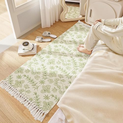 Image of SAGON 2x5 Ft Printed Runner Carpet - Cotton Bedside Rug for Bedroom & Living Room (Soft Leaf Pattern)
