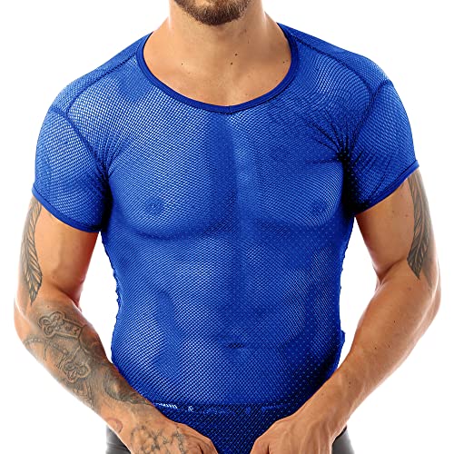 Hommes Voir à Travers Manche Courte Engrener Tee Shirts Ajusté en résille Chemises Muscle T-Shirts Bleu L