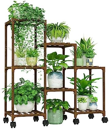 Bamworld Plant Stand with Wheels for Indoor Plants Wood Outdoor Tiered Shelf 3 Tire 7 Potted Ladder Plant Holder Table Pot Stand for Window Garden Balcony Patio Living Room (natureDL)