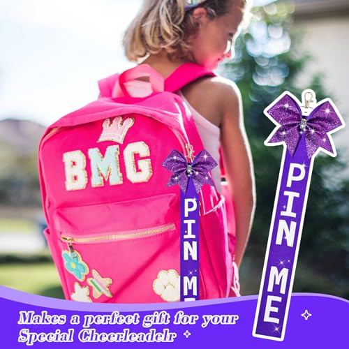 16 PCS Cheer Pin Me Ribbon Cheer Bag Bow Keychain with Rhinestones Bow Pin Me Cheer Competition for Teen Girls Cheerleading Sports Accessory(Purple)
