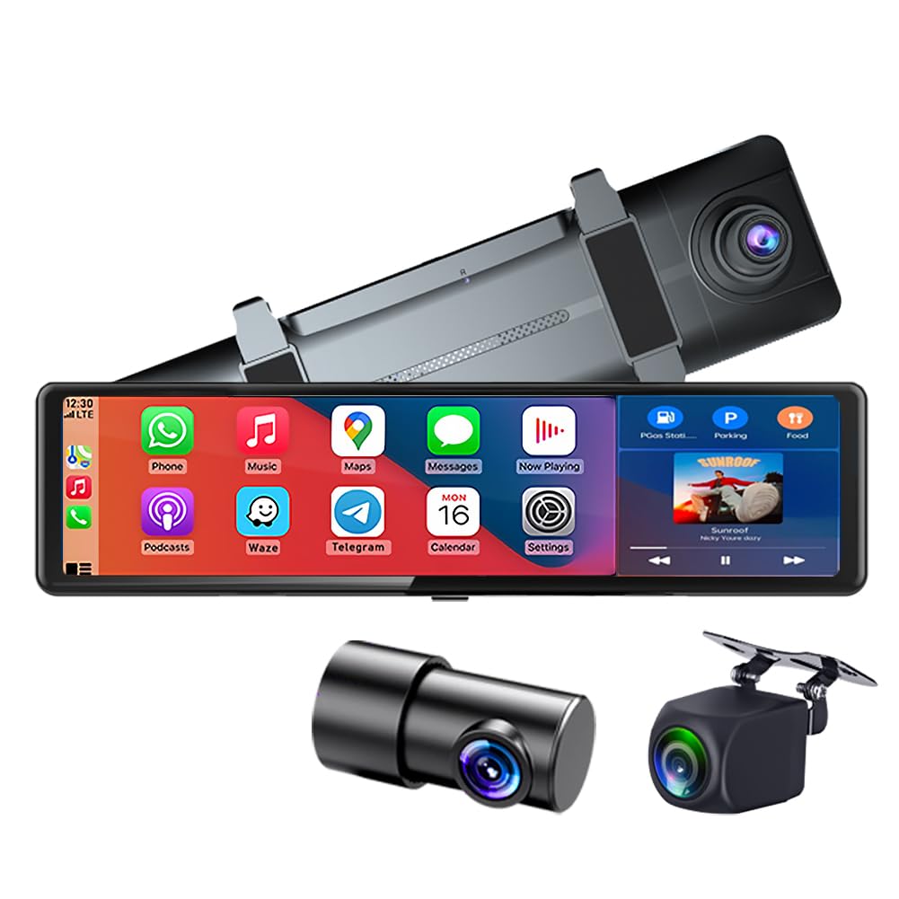 Wireless Carplay Screen 11.26 Inch 4K FHD Rearview Mirror Driving Recorder with Voice Assistant, Airplay, CarPlay & Android Auto, 3 Cameras, Parking Monitor, Compatible with 99% Car (Three Way Camera)