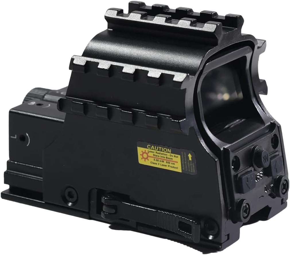 553KR Green Dot Holographic Sight with Red Laser Calibrator Sight，Integrate QD Quick Release/Detach Base，Metal Optic Reflex Scope with Top/Side Rail Mount，Fits for Standard 20mm Pic Rail Mounting