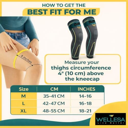 Image of WELLESA Knee Cap Support for Men & Women | Pain Relief Brace | Breathable & 4-Way Stretch | Compression Knee Sleeve for Sports, Gym & Injury Recovery (Long Knee, XXL)