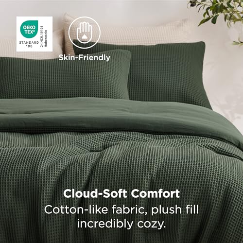 Image of Bedsure King Bed Comforter Set Oliver Green, Waffle Breathable Bedding Set, All Season Comforter with 3 Pieces, 1 Waffle Weave Comforter (104 inchx90 inch) and 2 Pillowcases (20 inchx36 inch)