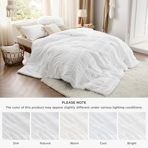 Image of Bedsure Boho Queen Comforter Set - White Waffle Weave Bedding Comforter Sets, Soft Breathable Lightweight Bed Set for All Season, 3 Pieces, 1 Puffy Comforter and 2 Pillowcases