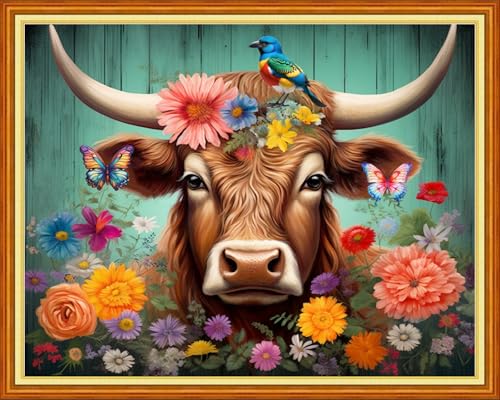 Image of Foxdiviy Stamped Cross Stitch Kits for Beginners Full Range of Cross Stitching 11 CT Printed Cross Stitch Kits for Adults Cross Stitch Patterns Needlepoint Kits-Colorful Cow Flowers 16x20 inch