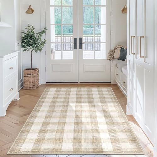 Image of Checkered Area Rug, 3x5, Beige | Washable, Non Slip, Modern Neutral, For Living Room Bedroom Office Patio Dining Room