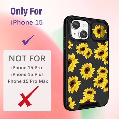Image of Funermei (2in1 for iPhone 15 Case Sunflower for Women Girls Cute Flower Phone Cover Girly Teens Pretty Kawaii Floral Black Design with Camera Cover Funda for Apple for iPhone 15 Cases