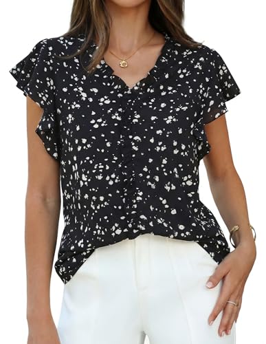 GRACE KARIN 2026 Boho Tops for Women Dressy Casual,Ruffle Sleeve Chiffon Blouses,V Neck Summer Fashion Clothes Black L