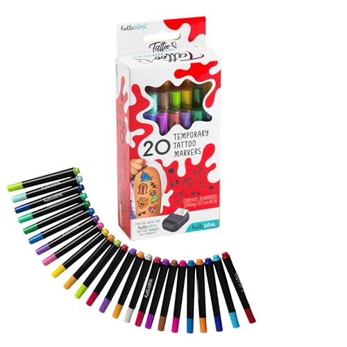 CEACO Temporary Tattoo Refill Markers - Pack of 20 Multicolor - No-Mess Water-Apply Tattoos for Kids - Party-Ready Creative Play & Custom Artwork - Compatible with Hello Blink Body Art Maker