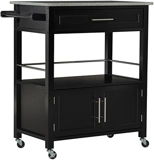 Riverbay Furniture Versatile Design Pine Wood Rolling Storage Microwave Table Kitchen Island Cart on Wheels with Granite Top in Black