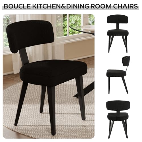 Image of Wood Dining Table Set for 4, 36 inch Round Kitchen Table with 4 Boucle Dining Chairs, MDF Tabletop with Metal Legs, Ergonomic Dining Chair with Metal Legs(Black Table)