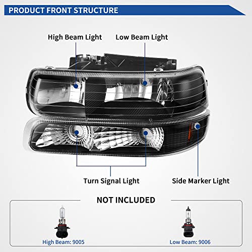 Image of OEDRO Halogen Headlight Assembly Compatible with 1999-2002 Chevy Silverado 1500 2500 /2001-2002 Silverado 1500HD 2500HD 3500 /2000-2006 Tahoe /Suburban Headlamp Black housing Amber Reflector (W /O Bulbs)