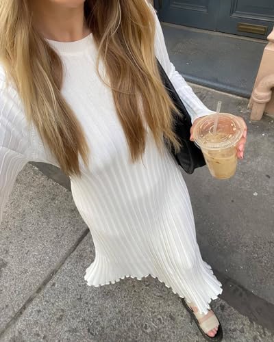 Image of Women's Long Sleeve Sweater Dress Ankle Length Fall Dress Vneck Knit Winter Dress
