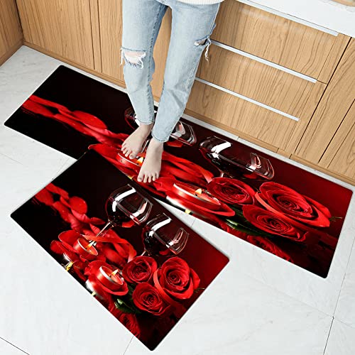 Ailuer Red Kitchen Rugs And Mats Set 2 Piece Red Rose Wine Kitchen Decor For Kitchen Non-Slip Kitchen Mats Rugs For Kitchen & Laundry (Red Rose Wine, 17.5"X29.5"+17.5"X47") #TOP3
