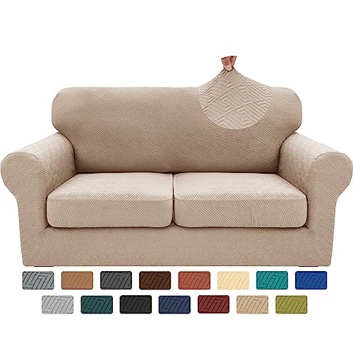 XINEAGE 2025 New 3 Pieces Couch Covers for 2 Cushion Sofa Super Stretch Loveseat Slipcover Pet Dog Universal Slip Cover Anti Slip Love Seat Furniture Protector (Khaki, 55"-69")