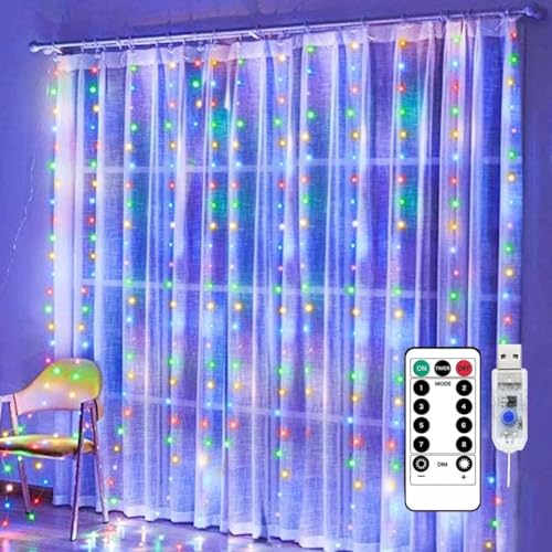 MIRADH 300 LED Fairy Curtain String Lights – USB Powered Remote-C...