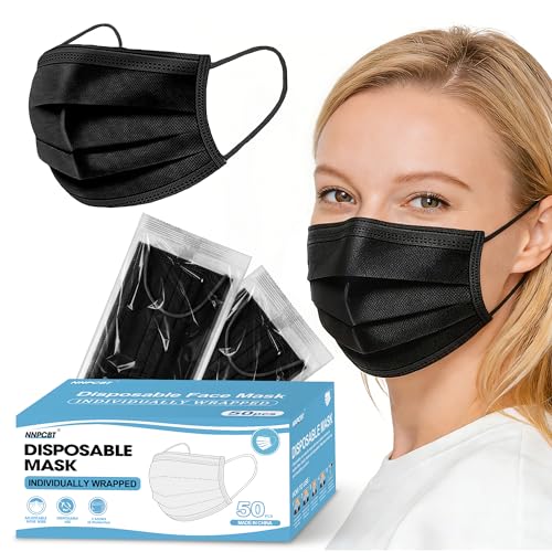 Image of NNPCBT Black Individually Wrapped Masks 50pcs, Disposable Face Masks for Adults, 3 Ply Breathable Face Mask Black Indoor Outdoor