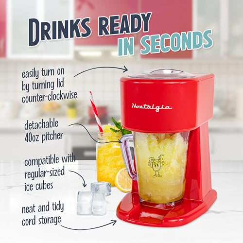 Image of Nostalgia Retro 40-Ounce Frozen Beverage Station - Slushie Machine and Ice Shaver with Automatic Mixing for Soda, Cocktails and Margaritas - Easy & Safe Use - Red