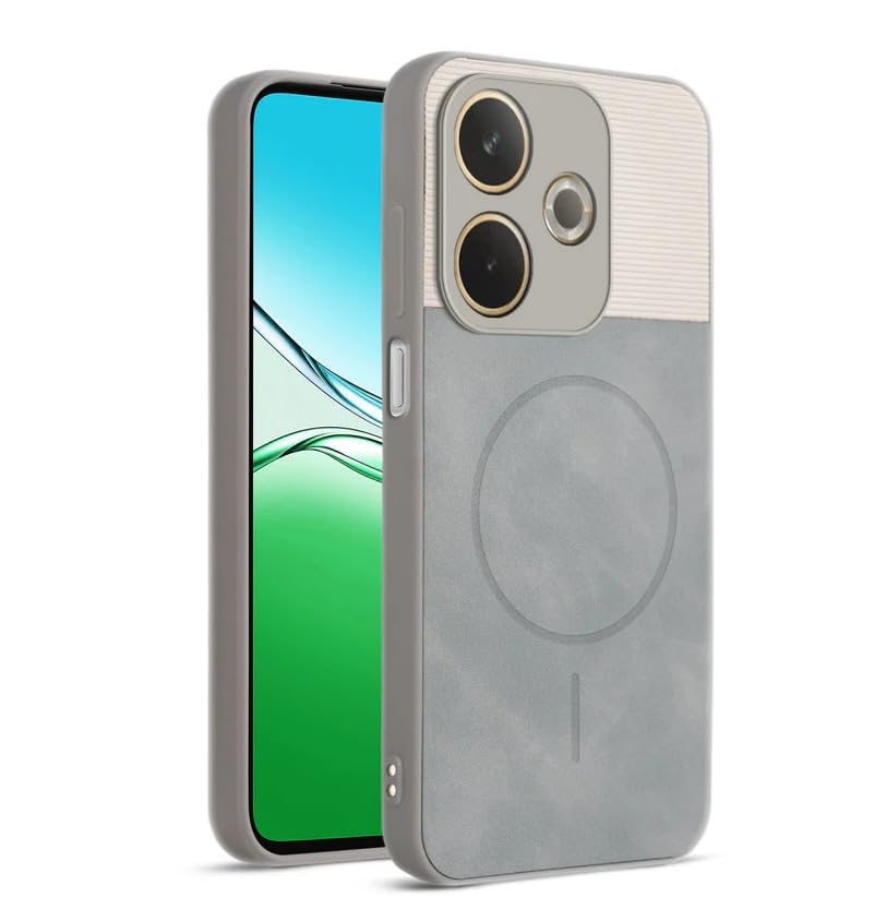 Image of Bintage CASE Mac Safe Design Hard Light Weight Back Case | Soft Border Camera Protect | Dual PU Leather Finish Back Cover Compatible for Oppo A5 Pro 5G - White & Grey