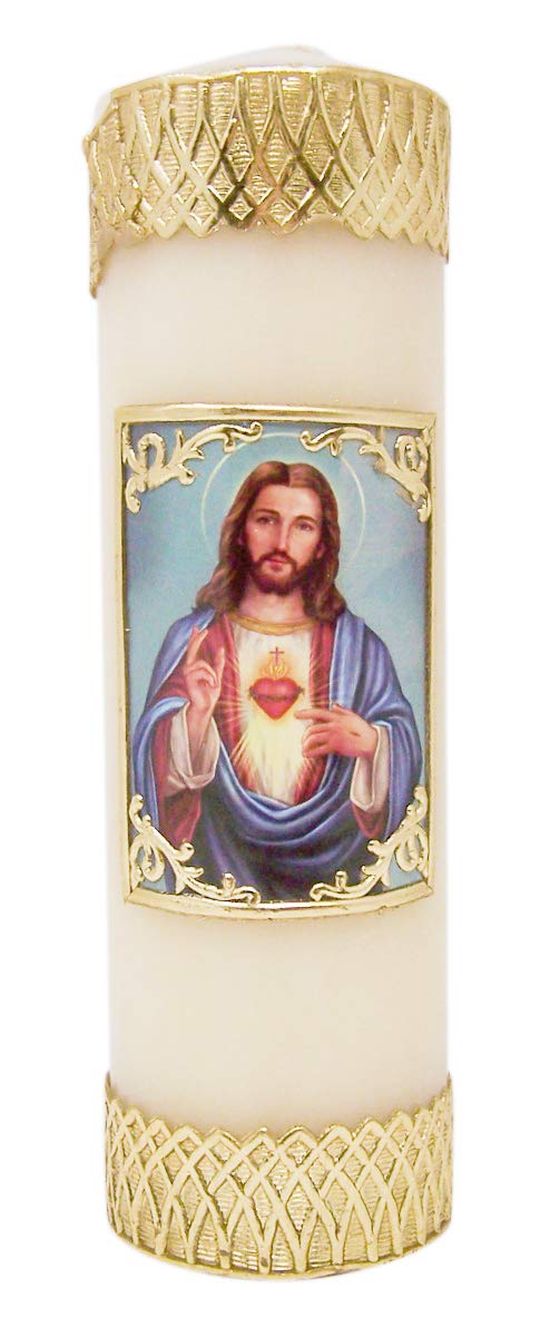 CB Church Supply Hand-Decorated Devotional Candles with Gold Wax Framed Image Will & Baumer Family Prayer Candle, 8-Inch, Sacred Heart