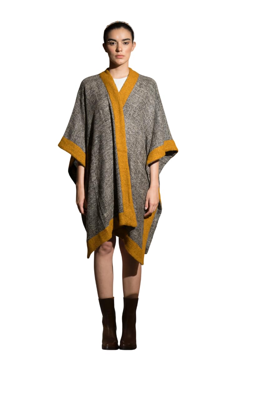 Women’s Cape Wool Outerwear | Draped Cape Style Layer with Open Front Shawl Design | Woolen Textured Fabric with Contrast Border Detailing | Contemporary Indo-Western Fashion, Fawn/Mustard-image-2