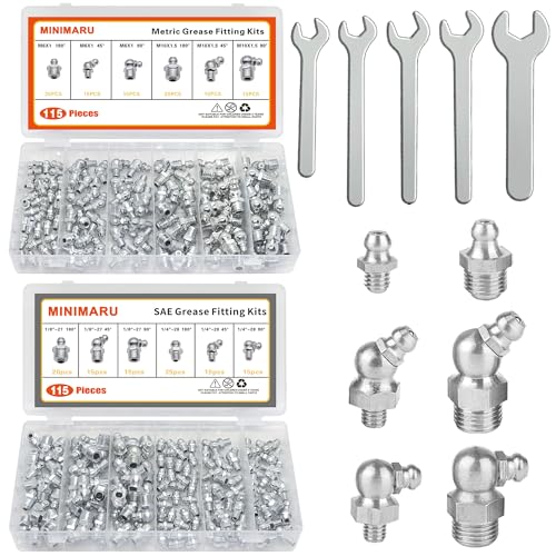 Image of 235 PCS SAE & Metric Grease Fittings Kit Hydraulic Grease Zerk Assortment: 1 /4 inch 1 /8 inch M6 M10 Straight 45 90 Degree, Wrench Kit(7-11mm) for Grease Gun Included