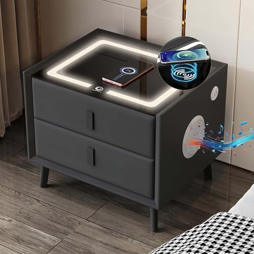 GXSDYYDS Mesitas de Noche con Altavoz Bluetooth, Mesas Auxiliares con Carga Inalámbrica y Luces LED, (1 Type-C, 2 Puertos USB) Mesillas de Noche Dormitorio Moderno, Mesa de Cabecera con 2 cajones
