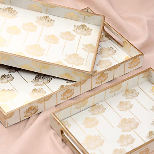 Image of DULI Rectangular Set of 3 MDF Wood Enamel Coated Multipurpose Trays| Serving Tray For Home & Dining Table (15x9,13x8 & 11x7 Inches) (Setof3- GoldLotus), Multipurpose Serving Tray