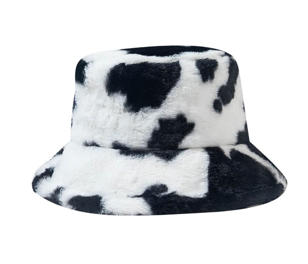 KGM Stylish New Soft Fleecy Faux Fur Bucket hat - Festival Summer Winter Hats (Cow Print)