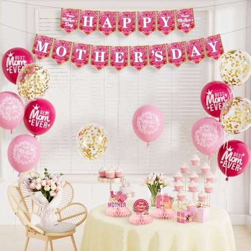 Adeyoo Mothers Day Decorations - Mothers Day Balloons with Happy Mother Day Centerpieces Happy Mothers Day Banner Bunting and Mothers Day Table Decorations Best Mum Gifts for Mothers Day