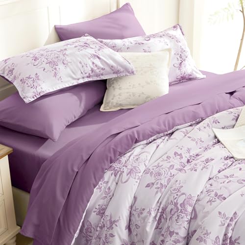 Image of Andency Floral Comforter Set Full Size, 7 Pieces Purple Flower Lightweight Bedding Set for All Seasons, Soft Vintage Bed in a Bag with Comforter, Sheets, Pillowcases & Shams