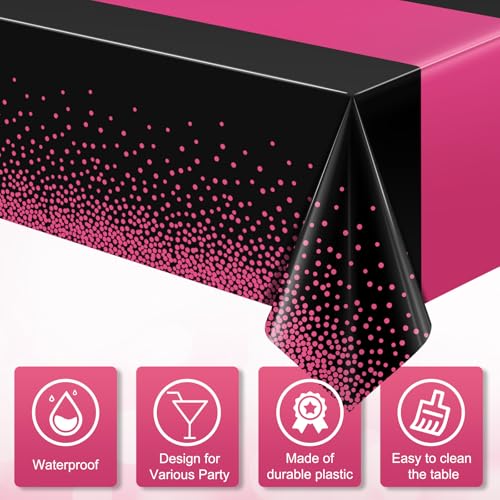 Image of 6Pcs Black Hot Pink Tablecloth Party Decorations,Plastic Black Table Cloth Printed Hot Pink Table Runner Disposable Rectangle Cover for Birthday Wedding Anniversary Graduation Party,54x108 Inch