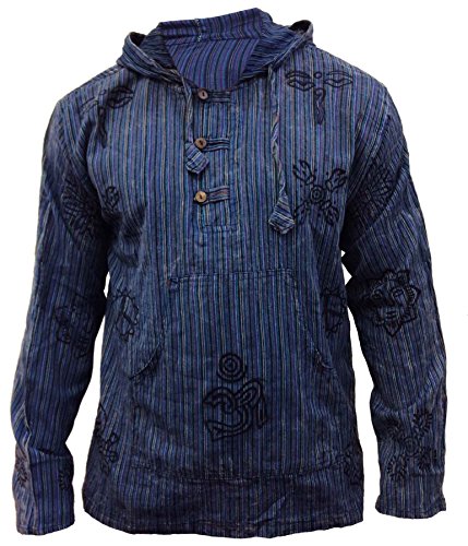 SHOPOHOLIC FASHION Hommes délavéà Rayures à Capuche Hippie Chemise Grand-père - Bleu, XXX-Large