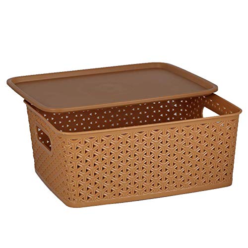 Image of Ski Homeware H1 Fashion Multipurpose Small Storage Basket with Lid Set of 3- Light Brown