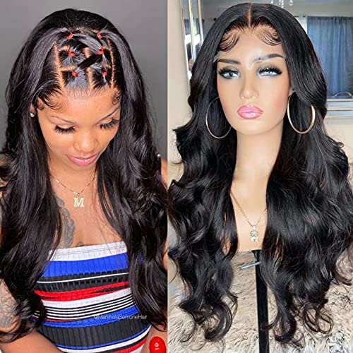 Human Hair Body Wave Wigs for Black Women 4x4 Lace Front Wigs 16 inch Pre Plucked Human Hair Wigs Wavy 150% Density Lace Closure Wig Middle Part Brazilian Lace Wig