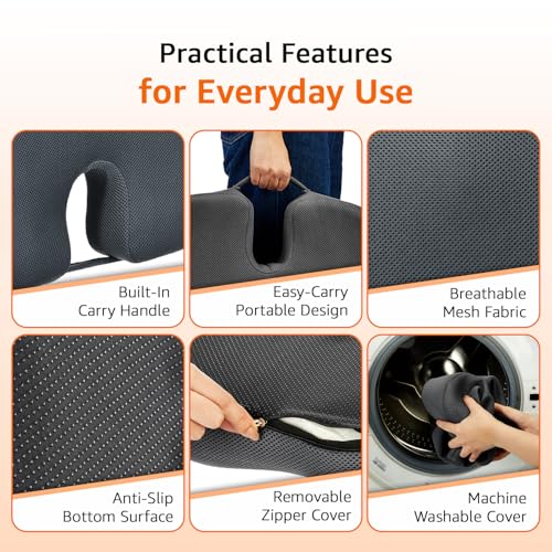 Image of amazon basics Memory Foam Coccyx Seat for Chair & Car | U-Shape Comfort Support for Office Seating & Driving | Breathable Design with Anti-Slip Base - Grey