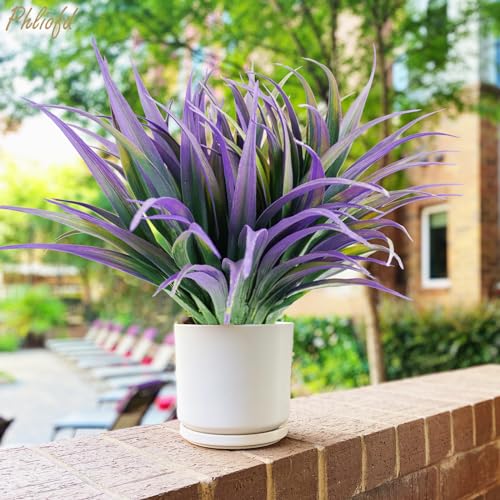 Phliofd 6Pcs Artificial Grass Fake Plants 17.3in Outdoor Plants UV Resistant Faux Greenery Stems Fake Grass for Home Window Garden Office Patio Pathway Front Porch Halloween Décor Green & Purple - Thumbnail 2