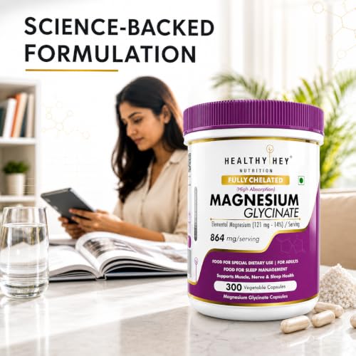Image of HealthyHey Nutrition Magnesium Glycinate 14% Fully Chelated Supplement High Absorption for Sleep, Cramps, & Nerves Health - 300 Vegetable Capsules