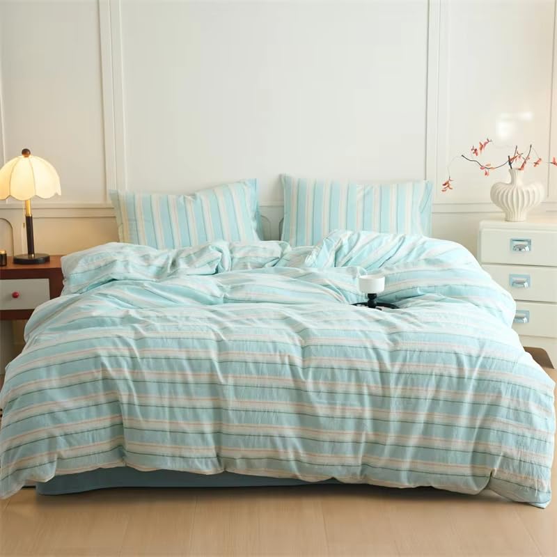 Parure de lit 140x200 style nordique réversible à rayures bleu clair en microfibre
