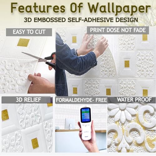 Image of KASHIVAL Self-Adhesive Waterproof PE Foam 3D Wall Panels Wallpaper Sticker for Bathroom, Living Room, Hotel and Home Decoration (70 x 70cm, Appx. 5.3Sq Feet) (JD Gold Square)