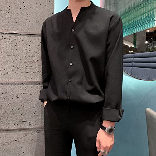 DGHM-JLMY Men's Spring Handsome Collarless Slim Shirt Banded Collar Solid Dress Shirts Casual Henley Irregular Ironing Shirt2