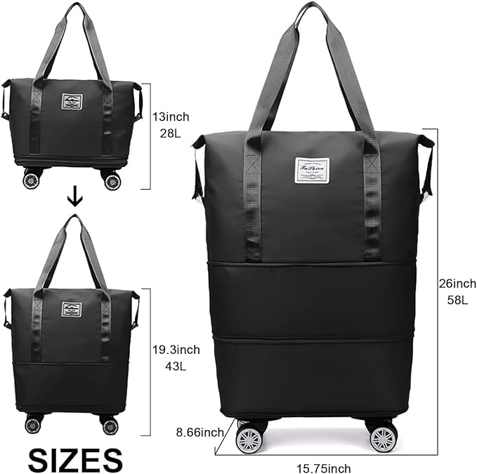 Image of TEKCOOL Duffel Trolley Bags for Travel,Luggage Bags for Travel,Rolling Duffle Bag with Wheels,Travel Bags for Luggage Trolley,Expandable Foldable Duffle Bag with Wheels - Black'