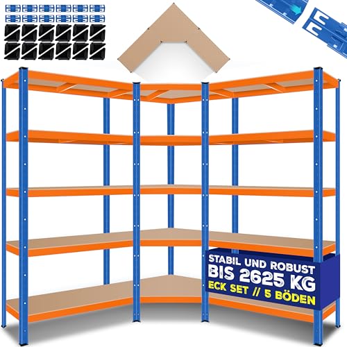 KESSER Masko® Juego de 3 estanterías de metal, 1 estantería esquinera y 2 estanterías de almacenamiento, 15 estantes, tableros de MDF, 2625 kg, estantería para taller, sótano, garaje, estantería para