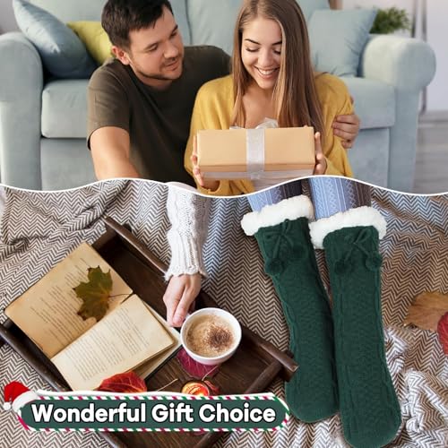 Image of Lonfliness 2 pairs Women Slipper Fuzzy Grips Socks Fluffy Cozy Cabin Warm Winter Soft Thick Comfy Fleece Non Slip Home Socks for Women and Girls Christmas Gifts (Green)