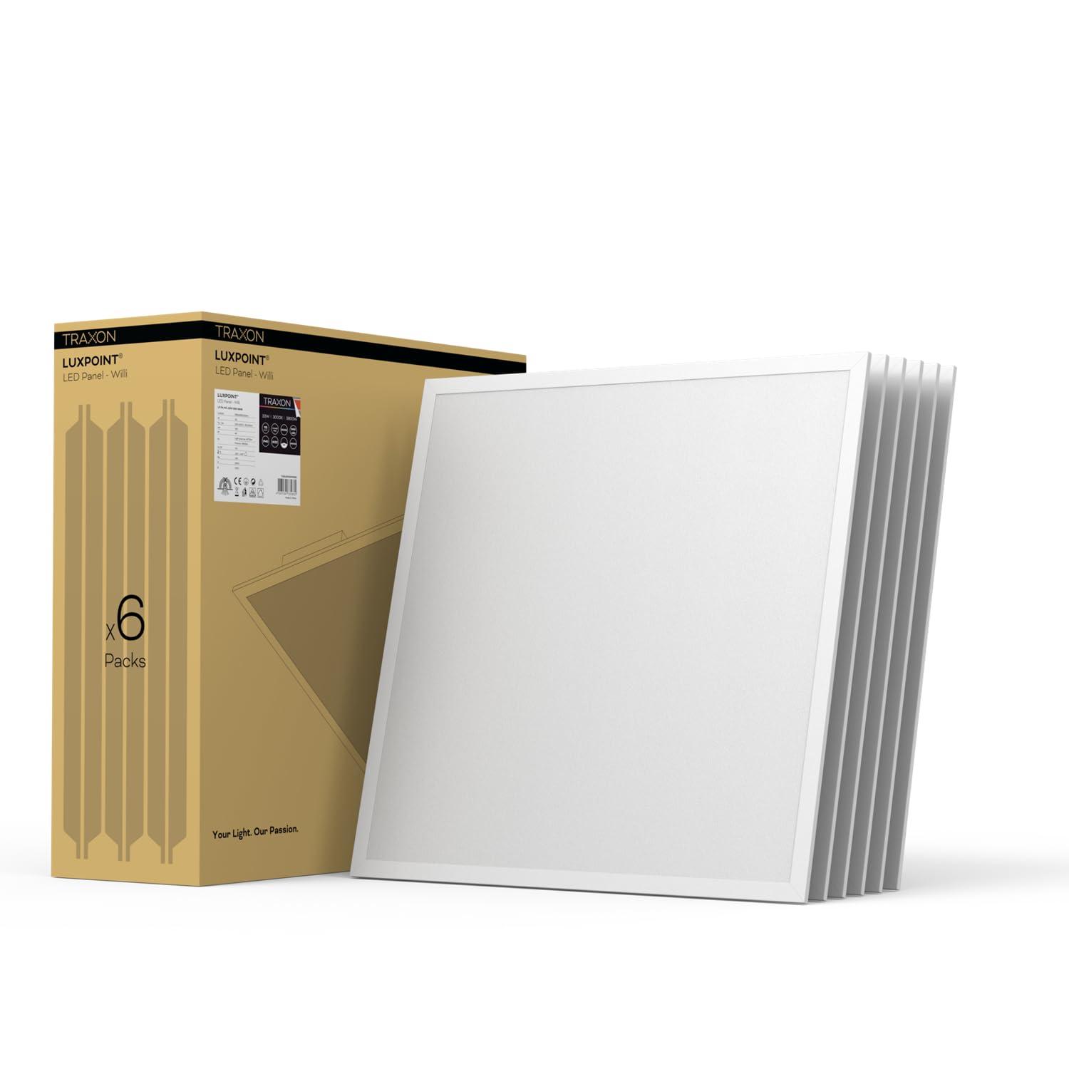TRAXON LUXPOINT® Cajas x6 unidad Panel LED- Willi 40W 4000Lm 60x60cm Luz Fría 6500K driver integrado flicker free CRI80 IP20 techo falso *Marco No Incluido (Luz Fría 6500K 60x60 | Caja 6 unidad)